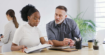 Buy stock photo Document, business people and discussion in meeting to review brand proposal with mentor. Paperwork, planning and creative team in office for logo, help and training with graphic design intern