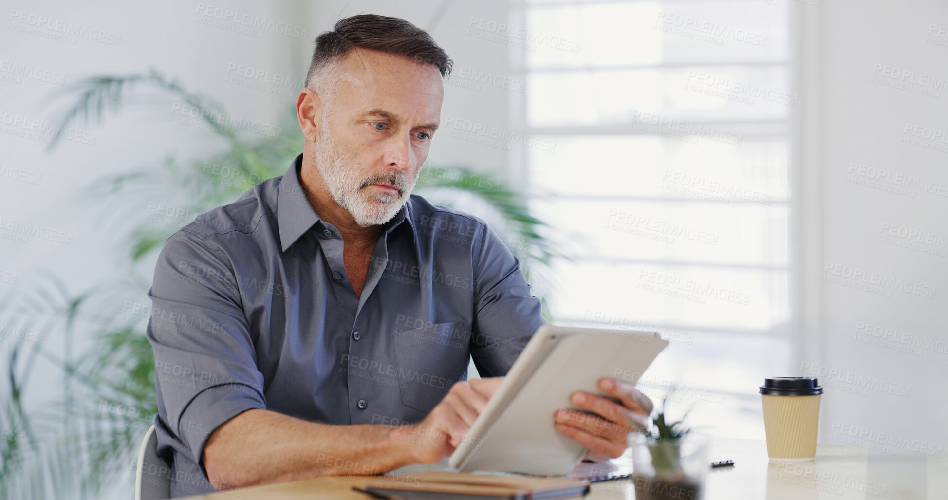 Buy stock photo Tablet, typing and reading with business man in office for project checklist, event manager and research. Program schedule, planning and email guest list with mature person for timeline and progress