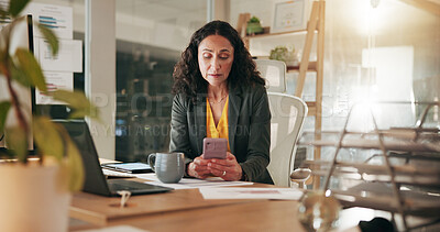 Buy stock photo Office, woman and employee with smartphone, texting or financial advice for client and working late. Network, online and person with mobile for chat, wealth manager and schedule appointment at night