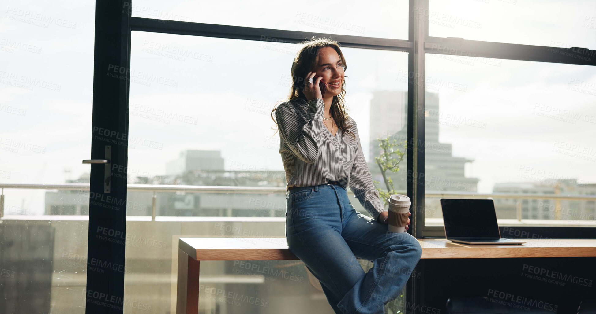 Buy stock photo Woman, coffee and phone call with discussion in office for article info, source interview and chat. Publishing agency, journalist and speaking to contact for appointment schedule and story feedback