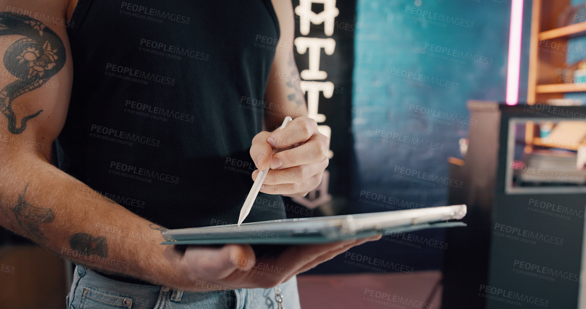 Buy stock photo Drawing, hands and tablet with man in tattoo parlor for artistic design or creative planning. App, pen and small business with illustrator person in studio for ink or process of body art development