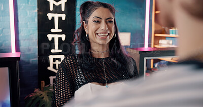 Buy stock photo Happy woman, tattoo artist or store with customer for design, creative art or service. Excited, female person or tattooist with smile at front desk for booking, appointment or consultation in parlour
