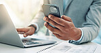 Hands, phone and business person with laptop for accounting, tax report or financial notification. Computer, mobile or accountant in office with email for audit review, payroll information and budget