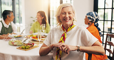 Buy stock photo Happy, dinner and portrait of mature woman in home with friends for reunion, bonding or catch up. Smile, connection and female person in dining room for supper, brunch or meal with people in house.