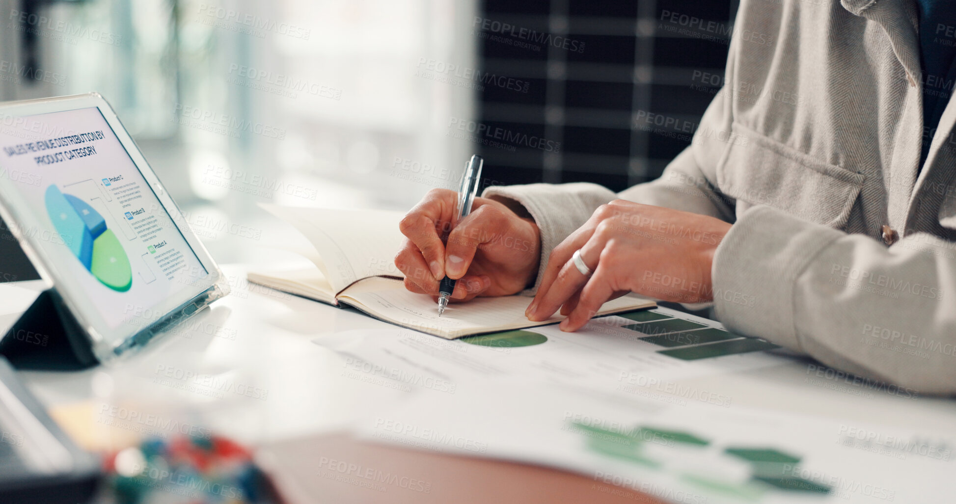 Buy stock photo Hands, writing or tablet in office with planner for research, business growth plan and data analysis. Person, notes or problem solving with tech for profit generation, financial investment or graphs.