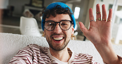 Buy stock photo Portrait, man and wave for vlog, home and greeting fans on social media, happy and content creation. Hello, online and person with smile for video POV on website, influencer and live streaming in USA
