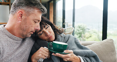 Buy stock photo Sick, tea and support with couple on sofa of home for disease healing, kindness or help. Influenza recovery, herbal drink and resting with man and woman in living room of apartment for care and trust