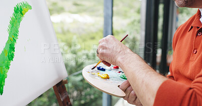 Buy stock photo Man, hands and painting canvas with color palette for art, drawing or creative sketching in home. Closeup, male person or landscape painter with brush or tray for natural skill or talent in house