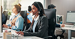 Call center, computer and woman in office, headset an communication with help desk. Employees, listening and people with pc, coworking and contact us with advice, system solution and customer support
