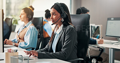 Buy stock photo Call center, computer and woman in office, headset an communication with help desk. Employees, listening and people with pc, coworking and contact us with advice, system solution and customer support