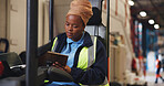 Clipboard, forklift and black woman in warehouse for shipping, delivery schedule and inventory list. Factory, machine and person with paperwork for supply chain, distribution or logistics inspection