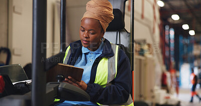 Buy stock photo Clipboard, forklift and black woman in warehouse for shipping, delivery schedule and inventory list. Factory, machine and person with paperwork for supply chain, distribution or logistics inspection
