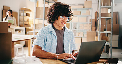 Buy stock photo Man, reading and laptop at startup ecommerce to confirm order, quality control and inventory. Male person, pc and online checklist for supply chain, delivery price and information with catalog update