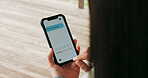 Home, review and woman with smartphone screen, internet and web browsing with pet insurance service. Animal care cellphone or person with choice, options and notification with feedback or digital app