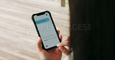 Buy stock photo Home, review and woman with smartphone screen, internet and web browsing with pet insurance service. Animal care cellphone or person with choice, options and notification with feedback or digital app