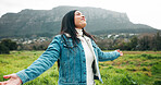 Peaceful holiday, woman and freedom in field with mindfulness, travel gratitude and fresh air. Winter getaway, happy person and calm in countryside with weekend adventure, breathing and relax on trip