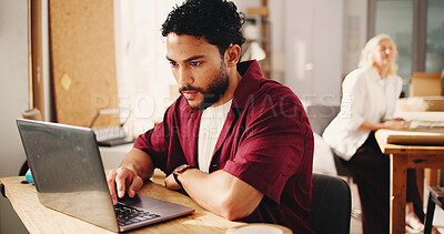 Buy stock photo Small business, reading or man with laptop in office, product feedback or track merchandise delivery. Ecommerce, check customer reviews or entrepreneur on courier website, tech or order distribution