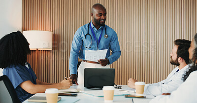 Buy stock photo Doctors, meeting and man with paperwork, hospital and collaboration for treatment plan or healthcare. Boardroom, speaker and discussion with laptop for medical services, people and team with document