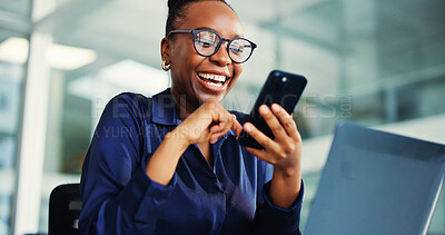 Buy stock photo Phone, laptop and black woman in office laugh with comedy, communication or texting on mobile app. Cellphone, glasses and business person with message, ideas or social media on break in workplace