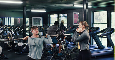 Buy stock photo Fitness, personal trainer or man with barbell in gym, strength challenge or coaching for body goals. Strong, instructor or people with weightlifting exercise for muscle gain, explain form or active