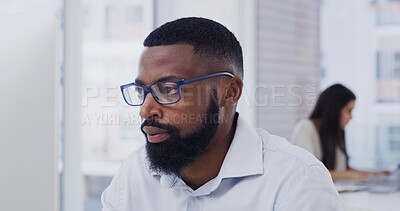 Buy stock photo Computer, reading and business man in office, marketing trends and research for online brand engagement. Ad campaign, pc and person with social media management, increase reach or visibility planning