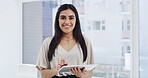 Portrait, woman and smile in office with tablet, confidence or research for digital marketing internship. Happy, female person or intern in creative agency with tech, pride or online advertising job.