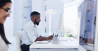 Buy stock photo Computer, typing and business man in office for email, insurance report or project proposal. Desktop, person and broker in company for research, coworking or risk management with policy review