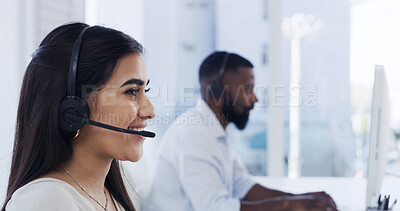 Buy stock photo Contact center, headset or woman with smile for customer service, help desk or troubleshooting advice. Coworking, tech support or virtual assistant with hotline for problem solving, solution or talk