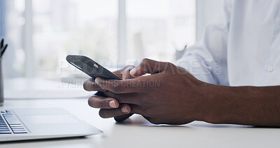 Buy stock photo Man, hands and scroll in creative agency with phone, website or notification for social media marketing. Person, typing and browsing in office with tech, mobile app and email for digital advertising.