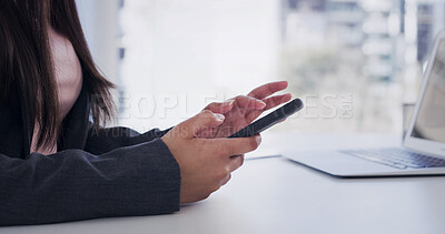 Buy stock photo Woman, hands and scroll in office with phone, email notification and website for company communication. Business, female person and browsing in workplace with tech, mobile app and work text message.