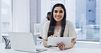 Creative, portrait and businesswoman with tablet, office and happy for career growth or copywriting. Confident, employee and person with tech for blog, email marketing and smile with research on web