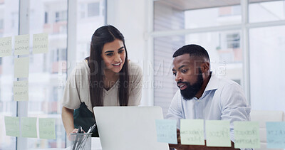 Buy stock photo Feedback, laptop and teamwork with people in design office for online planning or research. Collaboration, computer and reading with happy designers in creative workplace for development or review