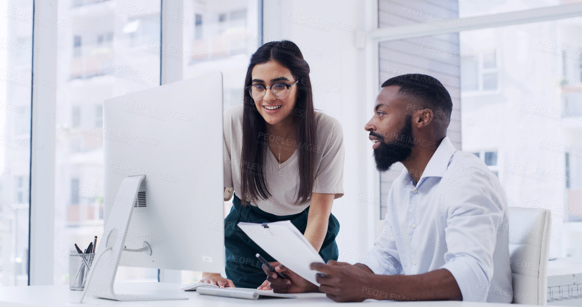 Buy stock photo Paperwork, discussion and business people with computer in office, mentoring and assistance for proposal. Helping, teamwork and employees with guidance for investment planning, tech chat and feedback