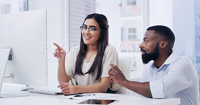 Buy stock photo Talking, manager and employee with computer in office, collaboration and check proposal for mistake. Speaking, project review and people with pc for schedule planning, pointing and task supervision