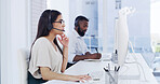 Help, woman and agent in call center with computer, customer care and thinking for service. Desktop, headset and problem solving with consultant reading email, coworking and contact us for support