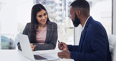 Buy stock photo Listen, manager or happy employee with laptop in office, contribution or efficiency for performance review. Evaluation survey, people and feedback for career development, pc or workplace productivity