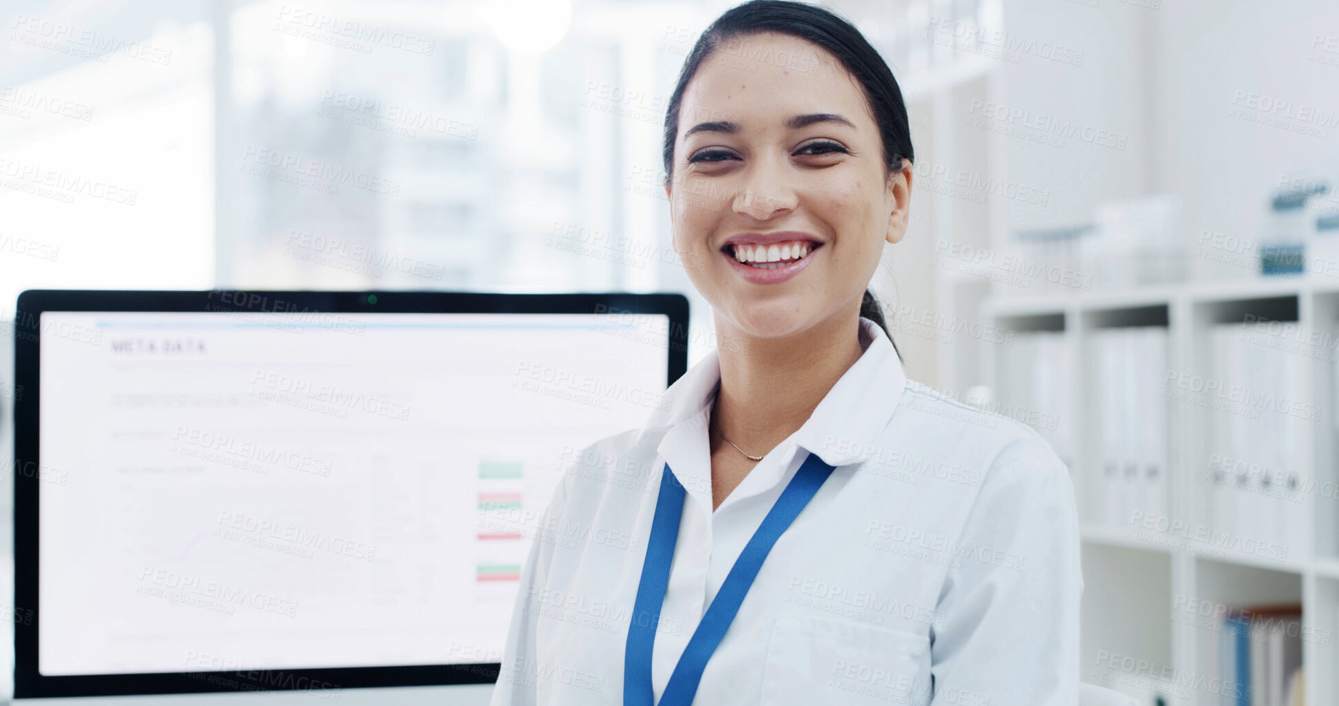 Buy stock photo Portrait, science and happy woman in lab for research, pharma development and computer screen. Biologist, scientist and person with smile, professional and medical employee with innovation in Spain