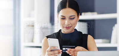 Buy stock photo Happy woman, phone and payment with credit card in office for business purchase or online shopping. Female person, shopper or debit with mobile smartphone for ecommerce app or wireless transaction
