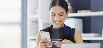 Buy stock photo Happy woman, business and credit card with phone for online shopping or purchase in office. Female person, shopper or debit with smile on mobile smartphone for ecommerce app or wireless transaction