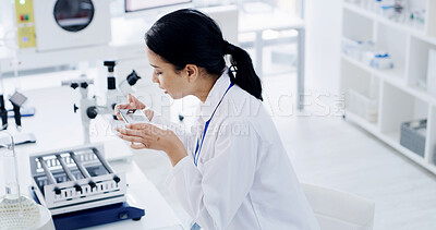 Buy stock photo Scientist, research and photo with phone in lab for data collection, documenting study and results. Science, woman and picture of sample at workplace for medical experiment, innovation and integrity