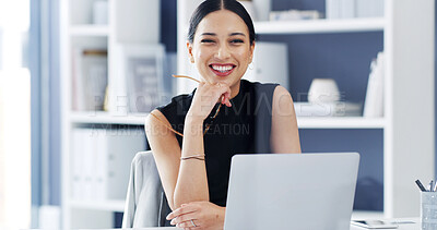Buy stock photo Confident, portrait and businesswoman with laptop, office and onboarding process with digital resume. Happy, HR manager and person with tech for cv review, job vacancy or recruitment with info on web