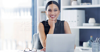Buy stock photo Happy, portrait and businesswoman with laptop, office and candidate shortlisting with digital resume. Confident, HR manager and person with tech for cv review, online or smile for recruitment process