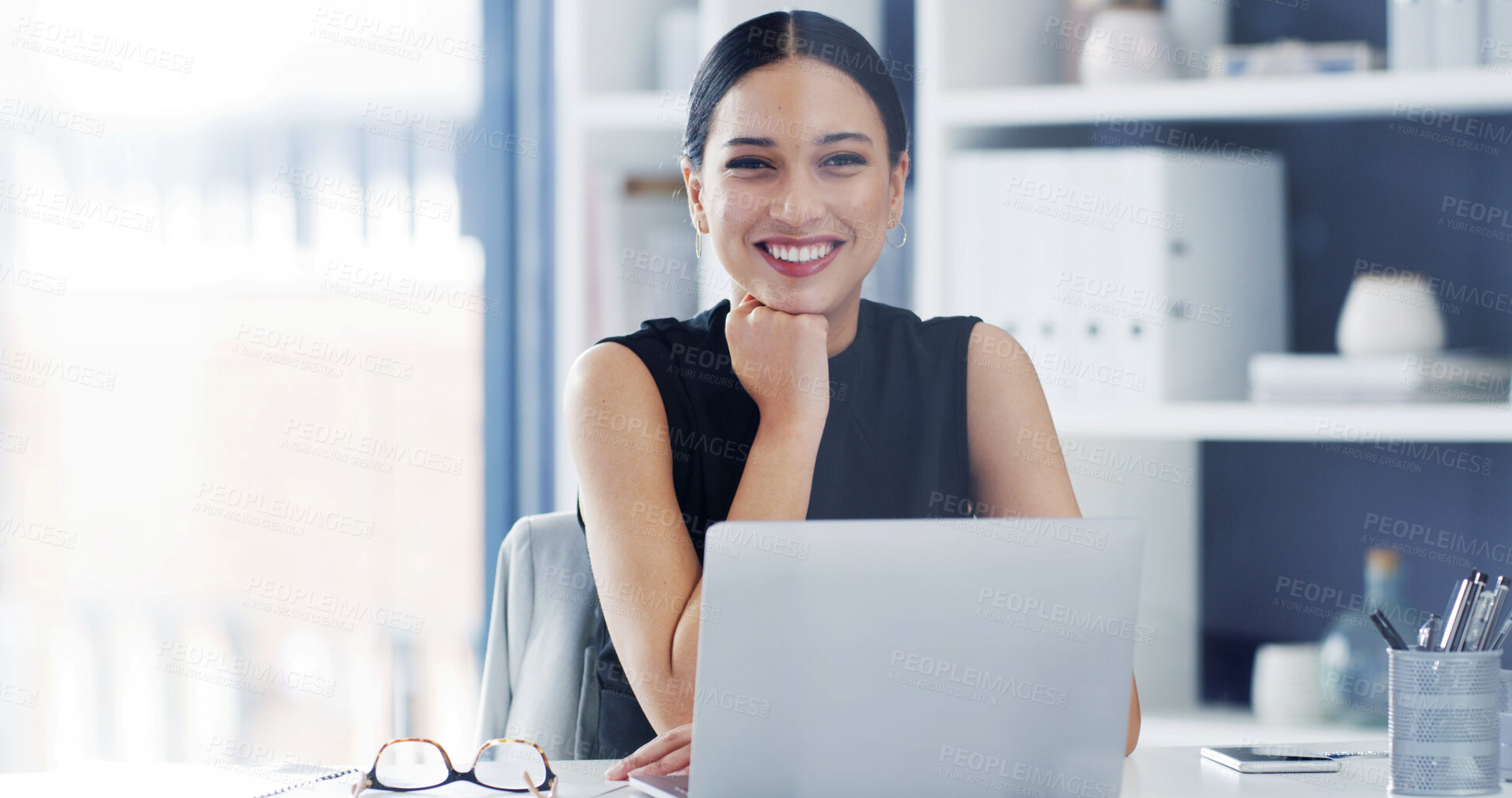 Buy stock photo Happy, portrait and businesswoman with laptop, office and candidate shortlisting with digital resume. Confident, HR manager and person with tech for cv review, online or smile for recruitment process