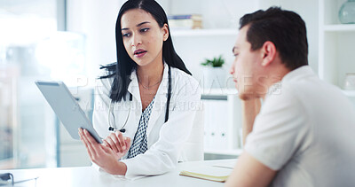 Buy stock photo Tablet, clinic and doctor with man for consultation, medical service and online results for diagnosis. Healthcare, talking and woman with patient on tech for appointment, wellness report and advice