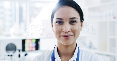 Buy stock photo Portrait, woman and scientist in lab for research, pharma development or about us for career pride. Biologist, science and happy person with confidence, smile and medical professional with innovation