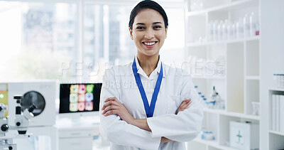 Buy stock photo Woman, scientist and smile with arms crossed at laboratory in portrait, pride and medical research career. Person, happy and confidence for job, pharmaceutical study and vaccine development in USA