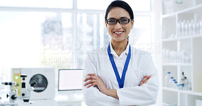 Buy stock photo Portrait, woman or scientist with arms crossed in lab for research, development or microbiology. Biologist, science and happy person with confidence, glasses and medical worker with career pride