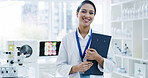 Woman, scientist and happy with clipboard at laboratory in portrait, pride and medical research career. Person, smile and checklist for admin, pharmaceutical study and vaccine development in USA