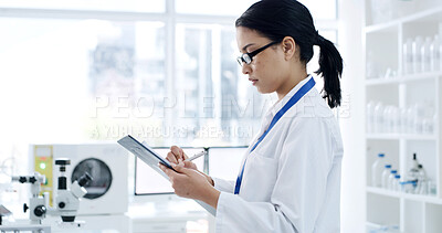 Buy stock photo Scientist, tablet and woman with medical research, writing and healthcare for notes in laboratory. Glasses, doctor and report with chemist, test results or development with biotechnology study