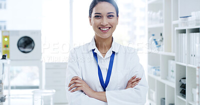 Buy stock photo Portrait, happy woman or scientist with arms crossed in lab for research, pride or microbiology. Biologist, science professional and person with confidence, development and medical worker with smile